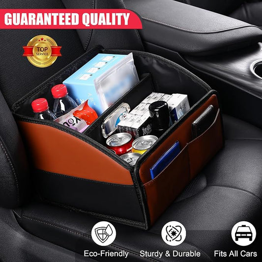 [2025 UPDATED] Leather Car Seat Organizer, Foldable Storage Box for Front Seat, Back Seats & Floor – Removable Divider, Metal Handle, Adjustable Anti-Slip Strap for Kids & Adults (Black & Brown)