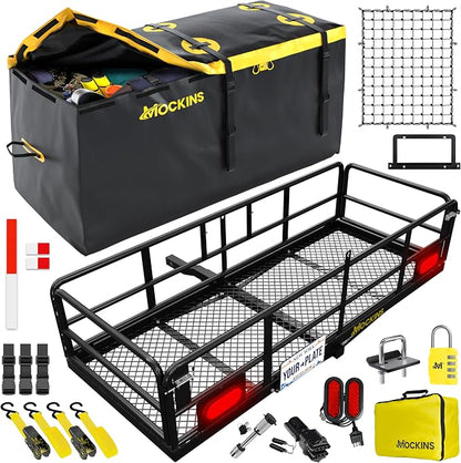 Mockins 60"x24"x14" High Rail Car Trailer Hitch Cargo Carrier w/Rear Lights, Plate Bracket & 30 CuFt Waterproof Hitch Cargo Bag | 500 Lbs. Cap Weatherproof Folding Luggage Rack for SUV Car Truck & RV
