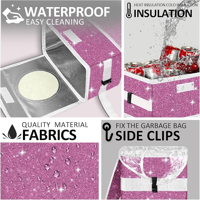 Cute Mini Car Trash Bag with Lid, Glitter Garbage Can Bin Hanging for Back/Front Seat/Console, Waterproof, Leakproof, 2.5 Gallon, Purple Bling Sparkly