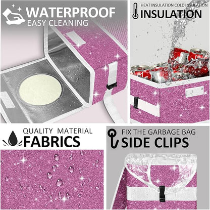 Cute Mini Car Trash Bag with Lid, Glitter Garbage Can Bin Hanging for Back/Front Seat/Console, Waterproof, Leakproof, 2.5 Gallon, Purple Bling Sparkly