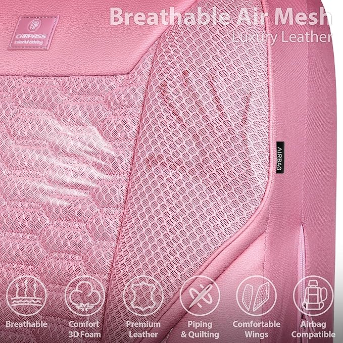 CAR PASS 3D Foam Mesh Leather Car Seat Covers Full Set, Pink Breathable Mesh Faux Leather Seat Covers for Women, Universal Fit for Car SUV Truck Sedan Automotive, Armrest Airbag Compatible, All Pink