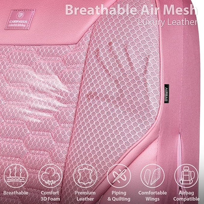 CAR PASS 3D Foam Mesh Leather Car Seat Covers Full Set, Pink Breathable Mesh Faux Leather Seat Covers for Women, Universal Fit for Car SUV Truck Sedan Automotive, Armrest Airbag Compatible, All Pink