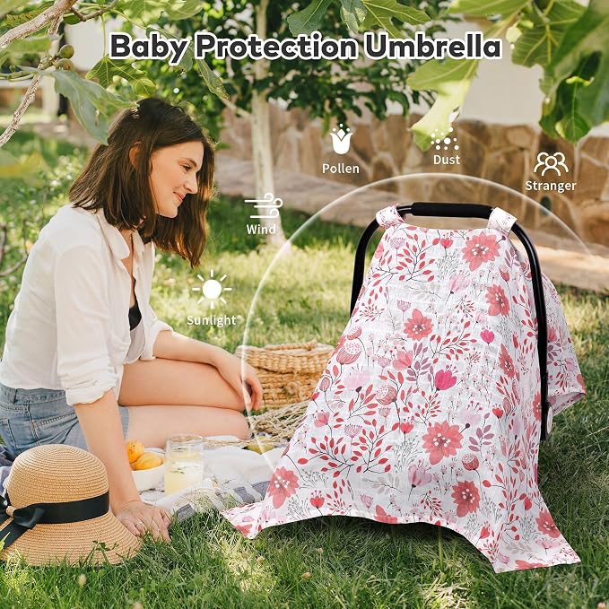 Rquite Infant Car Seat Cover for Babies Girls, Muslin Cotton Carseat Canopy, Breathable Stroller Sun Shade, Baby Shower Gift & Newborn Essentials, Universal Fit Summer & Hot Weather (Pink Flowers)