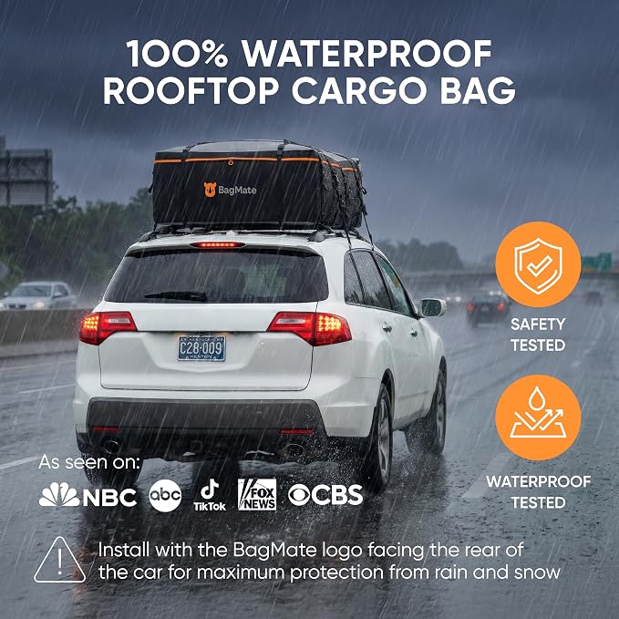 23 Cubic Feet Roof Bag – Safety Tested Heavy-Duty Waterproof Rooftop Cargo Carrier for All Cars & SUVs (with or Without Rack) – Includes Protective Mat & Storage Bag – Military-Grade 840D PVC