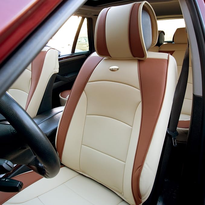 FH Group Ultra Comfort Highest Grade Faux Leather Full Set Cushion Pads Car Seat Covers for Front and Rear– Universal Fit for Cars Trucks & SUVs (Beige/Tan)