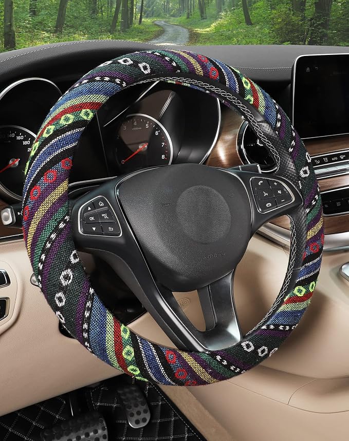 SEG Direct Boho Steering Wheel Cover with Baja Blanket Cloth, Ethnic Style Auto Wheel Cover Made of Coarse Flax, Fits 14 1/2-15 1/4 inches Car Wheel