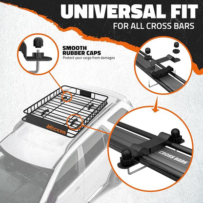 Mockins 50"x36"x4.5" Extendable Car & SUV Rooftop Cargo Carrier 250Lbs Cap | Heavy Duty Roof Rack Basket | Car Topper Luggage Carrier Waterproof & All-Weather Steel Set with Ratchet Straps & Cargo Net
