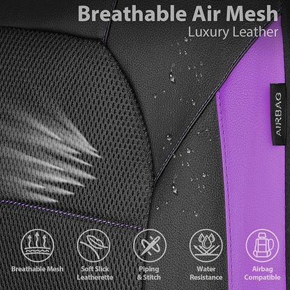 CAR PASS Leather Car Seat Covers Front Seats only, with Air Mesh Front Seat Covers Breathable, Cool Automotive Seat Covers 2 Pack, Universal Fit Most Cars,SUV,Truck,Van Airbag Compatible(Black Purple)