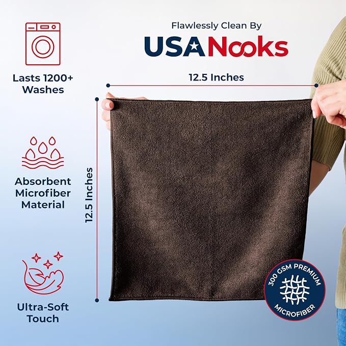 USANOOKS Premium 300GSM Microfiber Cleaning Cloth - 12.5"x12.5" High Performance - 1200 Washes, Ultra Absorbent Microfiber Towels for Cars Undercarriage, Rims & Engine Bay Cleaning - Microfiber Cloth