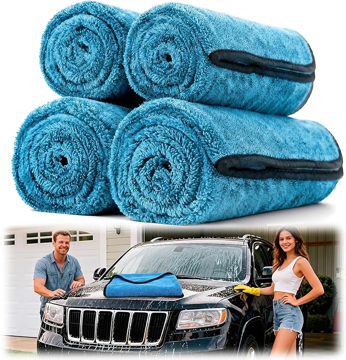 Aidoclip 4PCS Car Drying Towel Microfiber Detailing Kit - 36x24 in Car Towels Cleaning Supplies, Reusable Shammy Quick Dry Cloth for Carwash, for Auto, Boat, RV, Garage & Home (Blue)