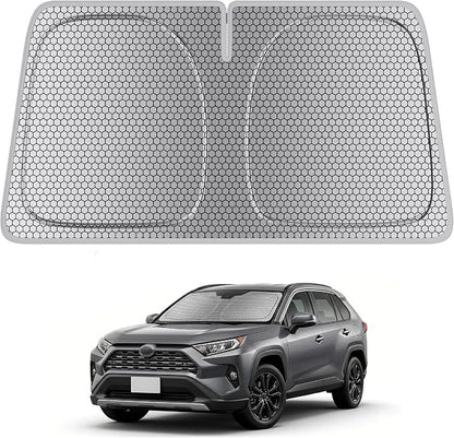 helloleiboo Windshield Sun Shade for Toyota RAV4 2019-2026, Graphene Honeycomb Heat Shield with UV Protection, Foldable Custom Fit Front Window Sunshade, Silver 62" x 31"