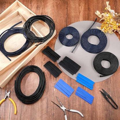 Xuniea 96ft Wire Loom Braided Cable Sleeve Covers Cord Management with 127 Pcs Tube Heat Shrinkable for Audio Video Cable Cord Protectors from Pets(1/2, 1/4, 3/8 Inch,Black and Blue)