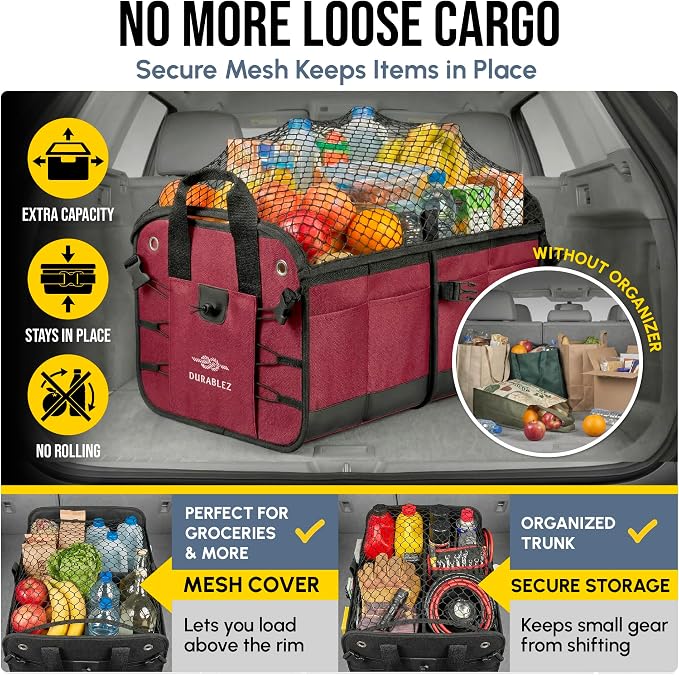 XL Trunk Organizer 3-Section for SUV, Truck, Sedan, Van – Modular L-Shape Car Storage Box, Collapsible Auto Cargo Organizer with Dividers – Cherry