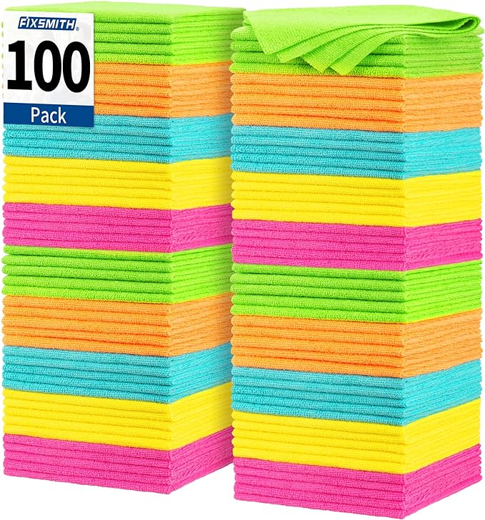 FIXSMITH Microfiber Cleaning Cloth, 100 Pack Shop Towels, Micro Fiber Cloth for Cleaning Car, All-Purpose Absorbent Cleaning Rags for Housekeeping, Dust Cloth for Office, Car Wash Towels, 12inx12in