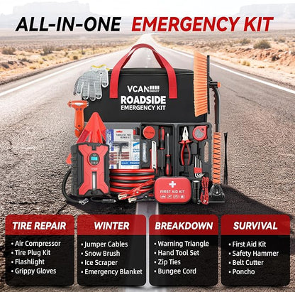 Car Emergency Safety Kit Bag with Portable Air Compressor, Jumper Cables,First Aid Kit, Winter Vehicle Roadside Emergency Kit with Snow Brush and Ice Scraper, for Women, Men, Teen