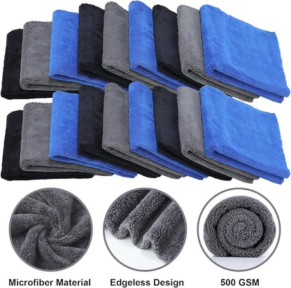 Shimeyao 20 Pcs 16 x 16 Inch Edgeless Microfiber Plush Towels for Cars Detailing Drying Wash Polishing Absorbent Cleaning Cloths, 500 GSM (Blue, Black, Gray)