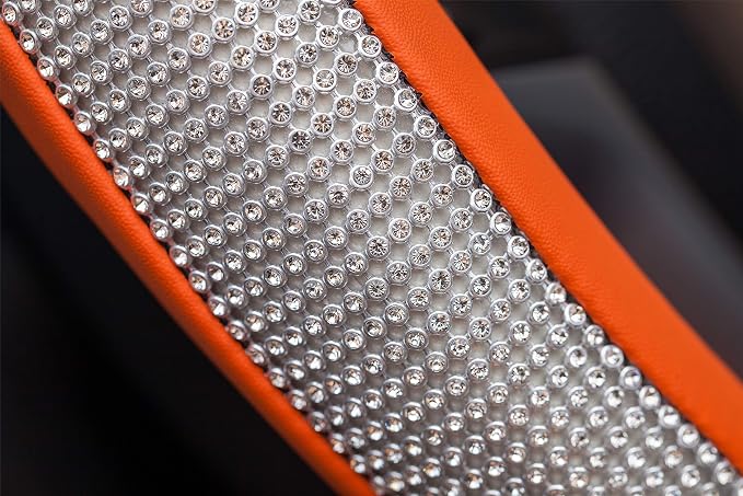 New Diamond Leather Steering Wheel Cover with Bling Bling Crystal Rhinestones, Universal Fit 15 Inch Car Wheel Protector for Women Girls Orange