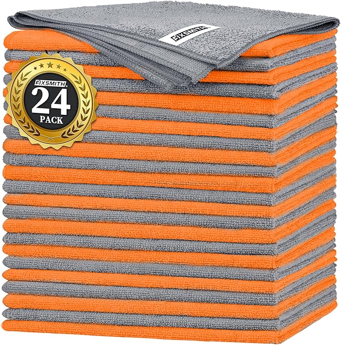 FIXSMITH Microfiber Cleaning Cloth -Pack of 24, Highly Absorbent Cleaning Rags(Grey&Orange), 16"X12" All Purpose Cleaning Towels for Housekeeping, Kitchen, Car, Reusable Microfiber Towels