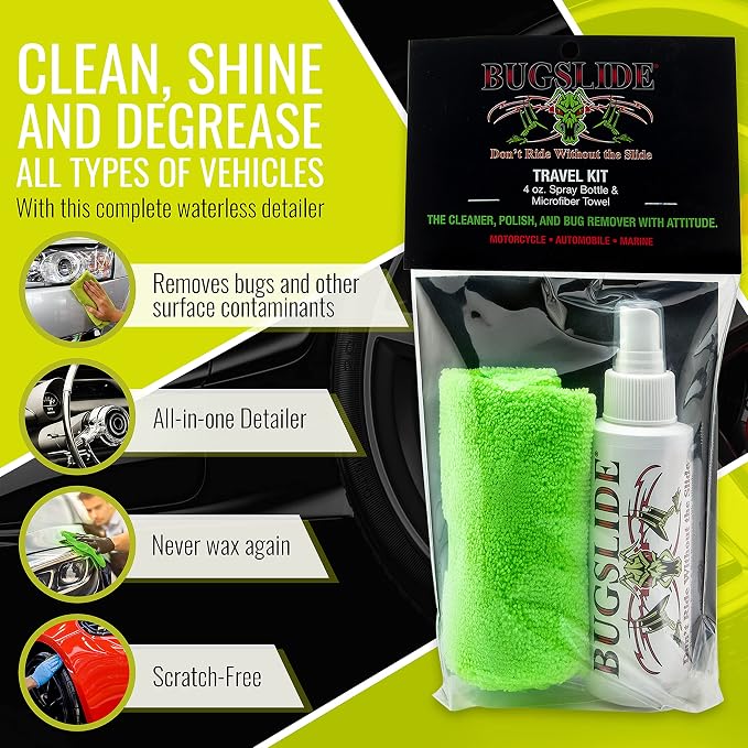 BugSlide 4 Oz Travel Kit with Cleaner with Microfiber Towel - Multisurface Cleaning and Car Detailing Solution That Shines and Degreases Your Car, Convenient Size for Travel