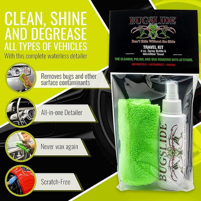 BugSlide 4 Oz Travel Kit with Cleaner with Microfiber Towel - Multisurface Cleaning and Car Detailing Solution That Shines and Degreases Your Car, Convenient Size for Travel
