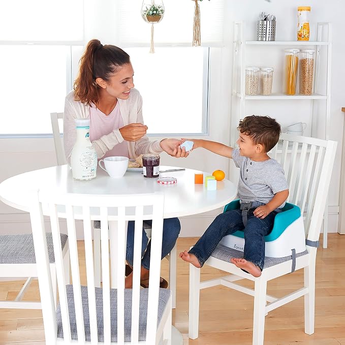 Ingenuity SmartClean Toddler Booster Seat for Dining Table with 3-Point Harness Straps, Peacock Blue