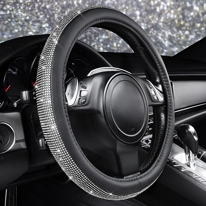CAR PASS Diamond Black Leather Steering Wheel Cover, with Bling Crystal Rhinestones Universal Fit 14" 1/2-15" Crystal Glitter for Women Sparkle Girl Fit Suvs,Vans,Sedans,Cars,Trucks, White Diamond
