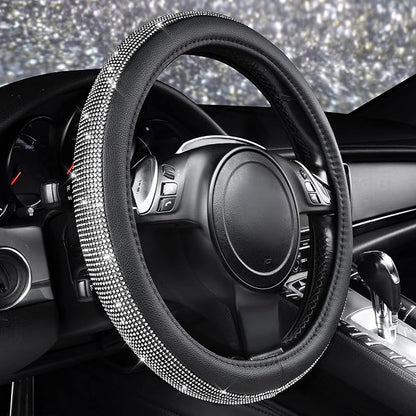 CAR PASS Diamond Black Leather Steering Wheel Cover, with Bling Crystal Rhinestones Universal Fit 14" 1/2-15" Crystal Glitter for Women Sparkle Girl Fit Suvs,Vans,Sedans,Cars,Trucks, White Diamond