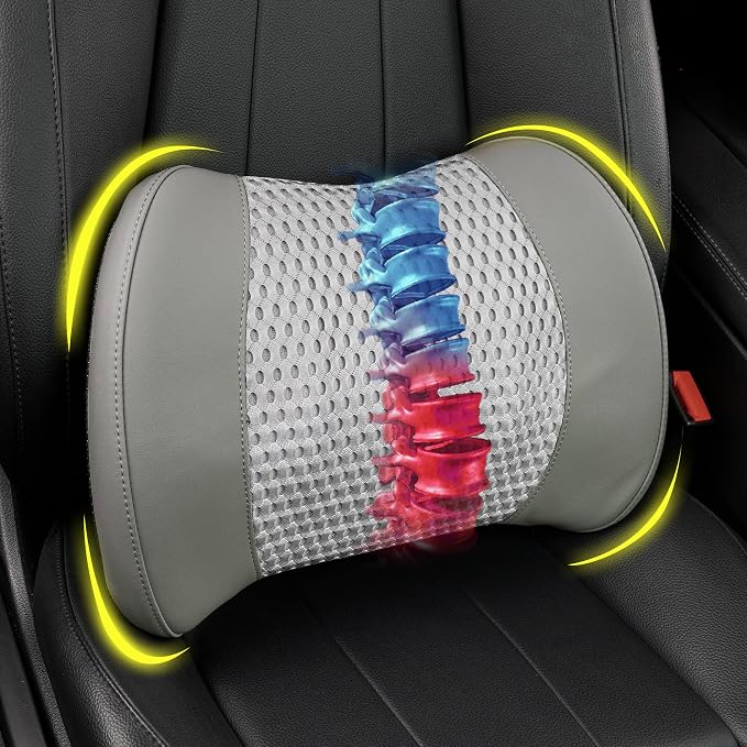 Lofty Aim Memory Foam Lumbar Support Cushion Relieves Lower Back Pain for Car, Office Chair, and Wheelchair Use, 4D Mesh Cover, Gray
