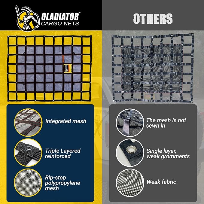 Gladiator Cargo Nets - Heavy Duty Cargo Net - Truck Organizer-Interior-Roof Rack-Jeep-SUV- Baja-Camping -(GBN-100) 4' x 4'
