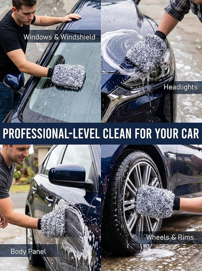 TAKAVU Car Wash Mitt Scratch Free, 2 Pack Microfiber Wash Mitts for Auto Detailing, Soft Lint Free Cleaning Gloves, Holds Sudsy Water, Machine Washable (Black & White)