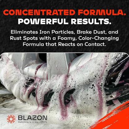 BLAZON Iron Decon - Heavy Duty Iron Remover & Wheel Cleaner, 2X Concentration for Rapid Removal of Iron Buildup, Brake Dust, and Rust Spots, Low Odor Formula - Citrus Scent - 16 Oz