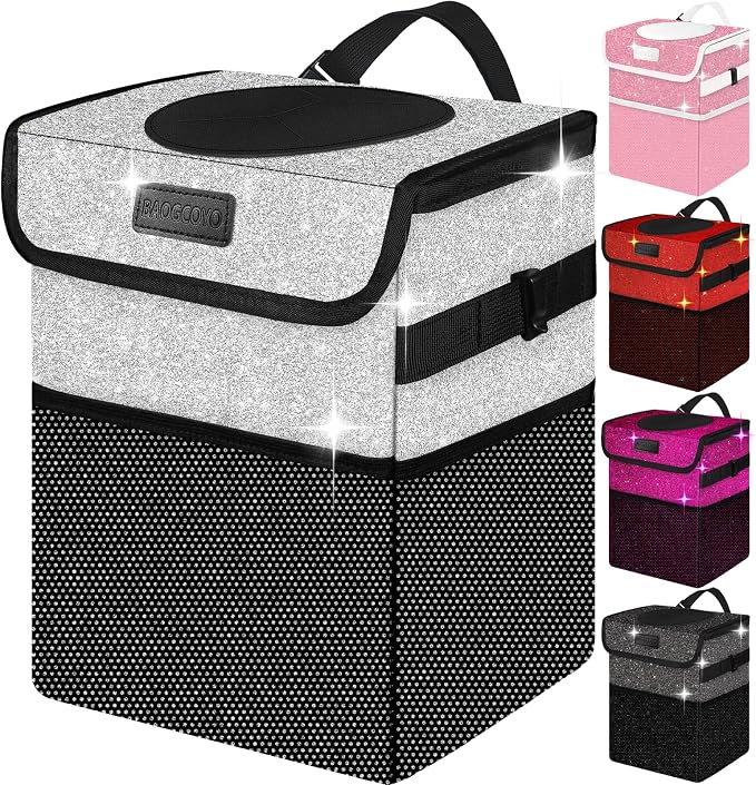 Cute Mini Car Trash Bag with Lid, Glitter Garbage Can Bin Hanging for Back/Front Seat/Console, Waterproof, Leakproof, 2.5 Gallon, Silver Bling Sparkly