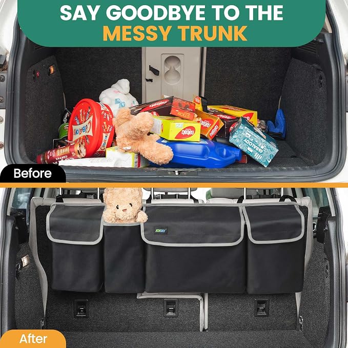 JOYSKY Hanging Trunk Organizer for SUV – Backseat Car Storage Bag, Large Collapsible Backseat Trunk Organizer with Adjustable Straps, Space Saving Car Organization Accessories for Truck MPV Van