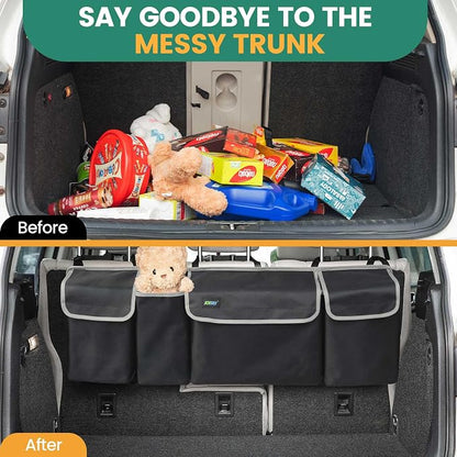 JOYSKY Hanging Trunk Organizer for SUV – Backseat Car Storage Bag, Large Collapsible Backseat Trunk Organizer with Adjustable Straps, Space Saving Car Organization Accessories for Truck MPV Van