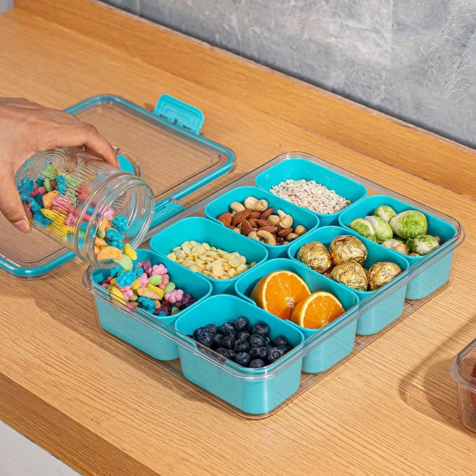 WACOI Divided Snack Serving Tray with Lid and Handle Travel Snackle Charcuterie Container Portable Storage Organizer for Candy, Fruits, Nuts, Snacks, Party, Picnic (1pack, Lake blue)
