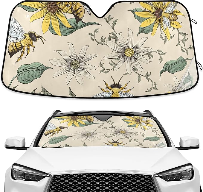 Bee White Daisy Windshield Sun Shade Blocks UV Rays Visor Protector Accordion Folding Sun Reflector Auto Sunshade for Car Truck SUV to Keep Your Vehicle Cool