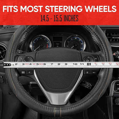 Motor Trend GripDrive Faux Black Leather Steering Wheel Cover for Car Truck Van SUV, Standard 15 inch Size, Beige Accent Stitched Car Steering Wheel Cover Vehicle & Auto Accessories