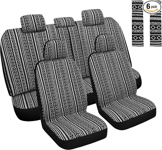 HAIYAOTIMES Baja Saddle Blanket Car Seat Covers Full Set with Seat Belt Pads, Washable Breathable Seat Covers for Cars, Universal Fit Interior Covers for Most Cars, Airbag Compatible, Black/White