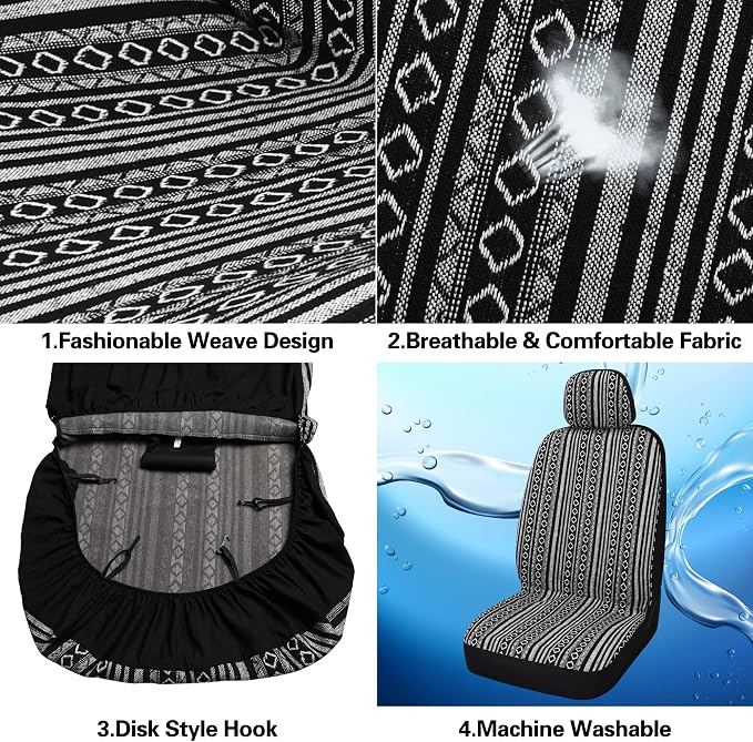 HAIYAOTIMES Baja Saddle Blanket Car Seat Covers Full Set with Seat Belt Pads, Washable Breathable Seat Covers for Cars, Universal Fit Interior Covers for Most Cars, Airbag Compatible, Black/White