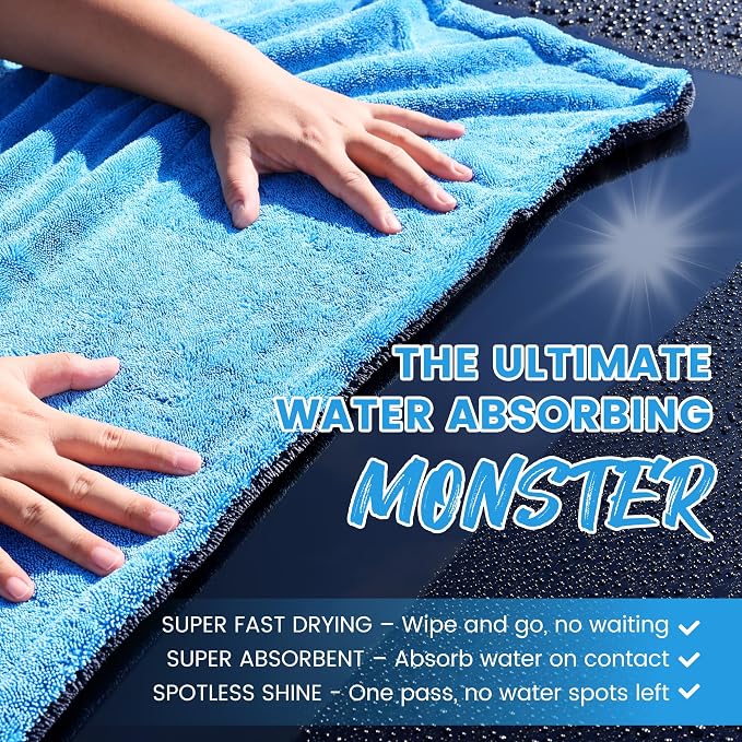 PUGPIU Car Drying Towel - 1400GSM Extra Large Super Absorbent Microfiber Towels for Cars 24"x36" - Large Edgeless with Twisted Loop, Lint-Free & Streak-Free for Auto Detailing, SUV, Truck (Blue)