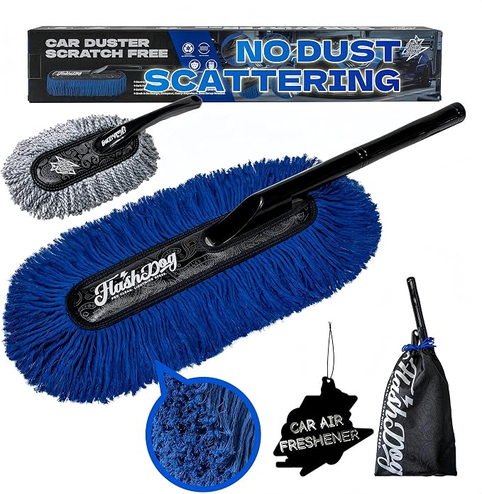 Flash Dog Car Duster Exterior & Interior Set – No Dust Scattering Auto Duster Brush with Wood Handle & Mini Brush, Wax-Treated Cotton Head, Scratch-Free Dust Remover for Car, Truck, SUV