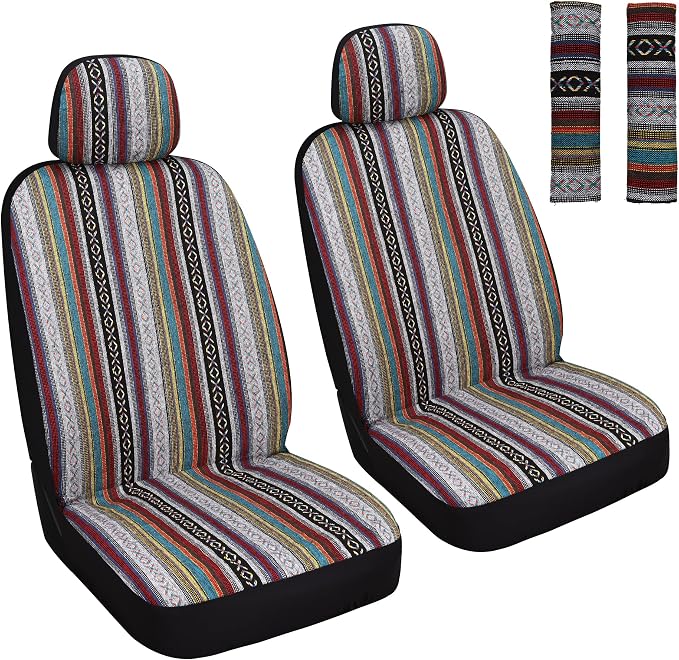 HAIYAOTIMES Baja Saddle Blanket Car Seat Covers Front Set with Seat Belt Pads, Washable Breathable Seat Covers for Cars, Universal Fit Interior Covers for Most Sedan Truck SUV, Airbag Compatible, Red