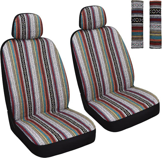 HAIYAOTIMES Baja Saddle Blanket Car Seat Covers Front Set with Seat Belt Pads, Washable Breathable Seat Covers for Cars, Universal Fit Interior Covers for Most Sedan Truck SUV, Airbag Compatible, Red