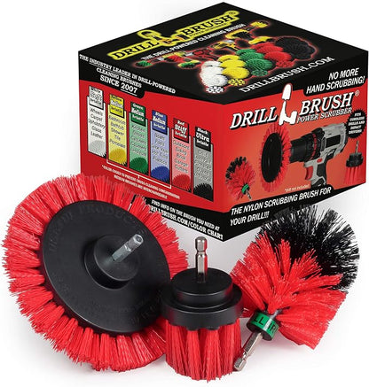 Red Stiff 3 Piece Outdoor Power Scrubber Brush Kit - Garden Patio Scrubbing Tool - Deck Cleaning Brush Set - Concrete Scrubbing Tool Set - Brick and Stone Outdoor Scrubber Kit