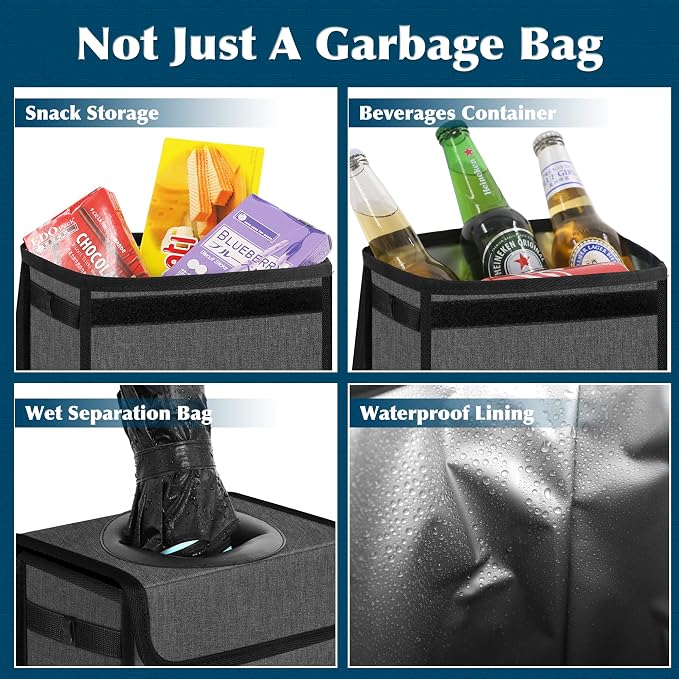 Leak Proof Car Trash Bag Waterproof Garbage Can with Lid for SUV Front Seat Multipurpose Car Hanging for Headrest Collapsible and Portable with Storage Mesh Pocket, Charcoal Gray