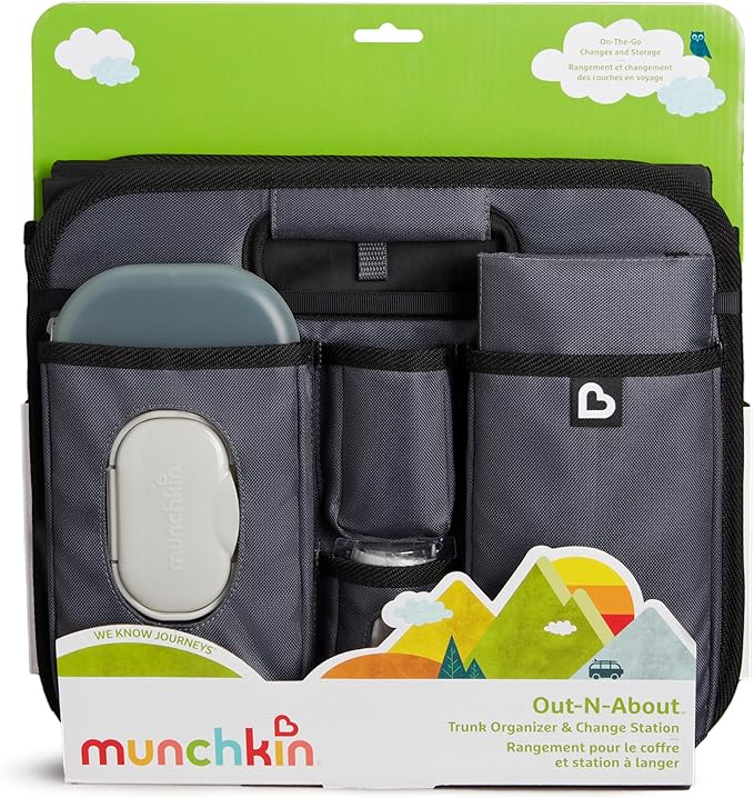 Brica Munchkin Out-n-About Trunk Organizer for SUVs and Cars with Portable Changing Pad and Wet Baby Wipes for Diaper Changes On-the-Go, Collapsible, Grey (Pack of 6)