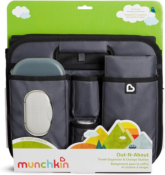 Brica Munchkin Out-n-About Trunk Organizer for SUVs and Cars with Portable Changing Pad and Wet Baby Wipes for Diaper Changes On-the-Go, Collapsible, Grey (Pack of 6)