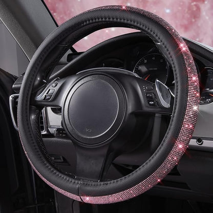 CAR PASS Bling Diamond Leather Steering Wheel Cover, Bling Sparkly Crystal Glitter Rhinestones Universal Fit 14" 1/2-15" Car Wheel Protect for Women Girl Fit Suvs,Vans,Sedans,Cars,Trucks, Pink Black