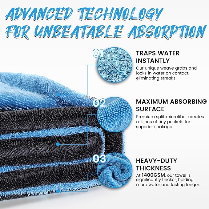 PUGPIU Car Drying Towel - 1400GSM Extra Large Super Absorbent Microfiber Towels for Cars 24"x36" - Large Edgeless with Twisted Loop, Lint-Free & Streak-Free for Auto Detailing, SUV, Truck (Blue)