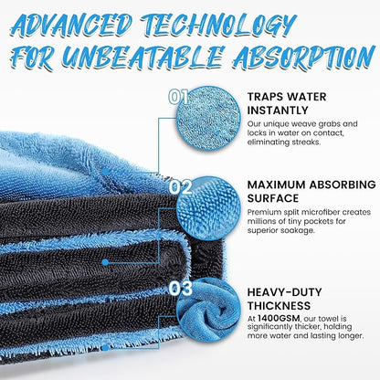 PUGPIU Car Drying Towel - 1400GSM Extra Large Super Absorbent Microfiber Towels for Cars 24"x36" - Large Edgeless with Twisted Loop, Lint-Free & Streak-Free for Auto Detailing, SUV, Truck (Blue)